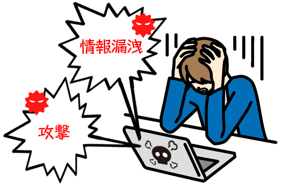 ウイルスによる情報漏洩や攻撃を受けたパソコンの前で頭を抱える男性のイラスト